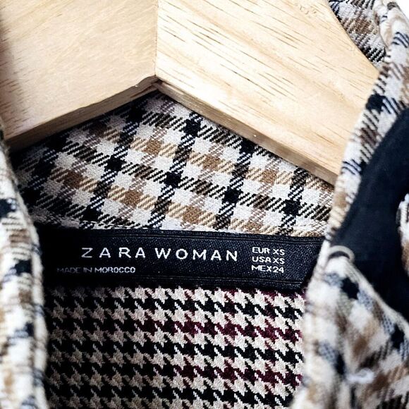 Zara Brown Black Long Sleeve Plaid Houndstooth Patchwork Button Top Size XS - Picture 2 of 4